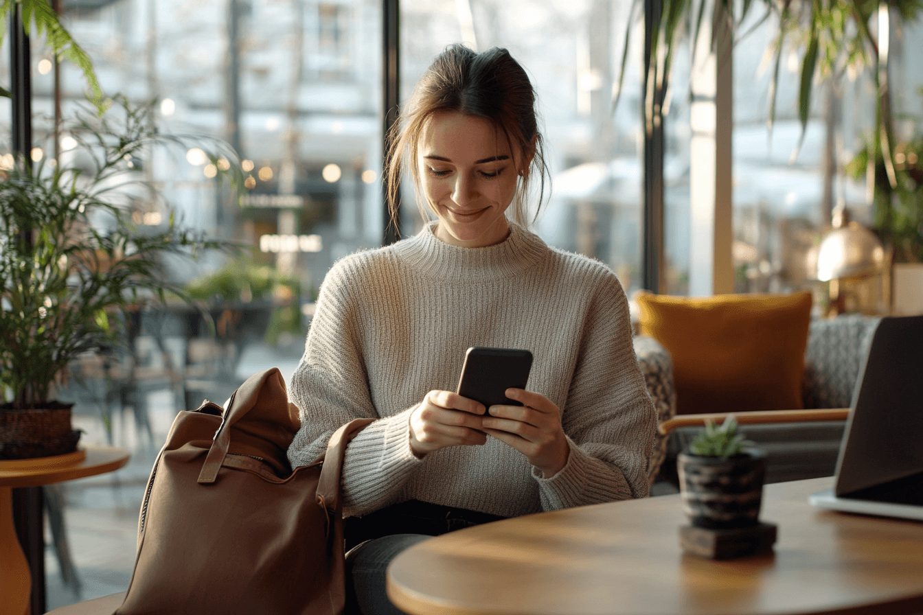 Founder checking phone with a calm smile, sense of momentum