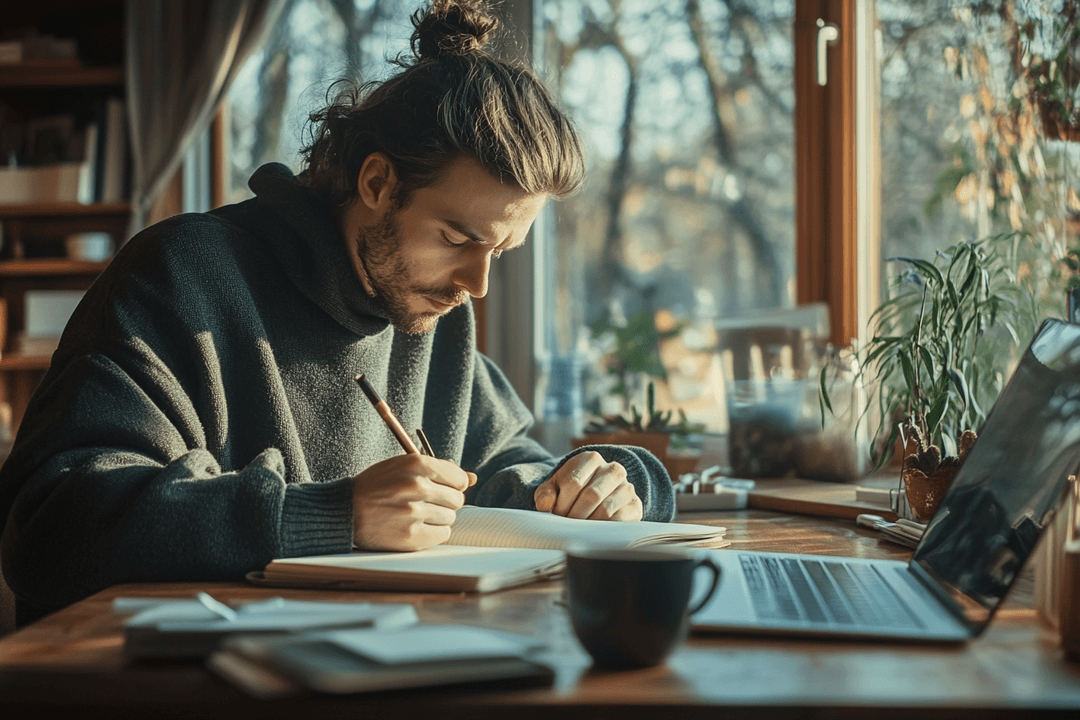 Founder writing in a journal at a desk with morning light and coffee nearby