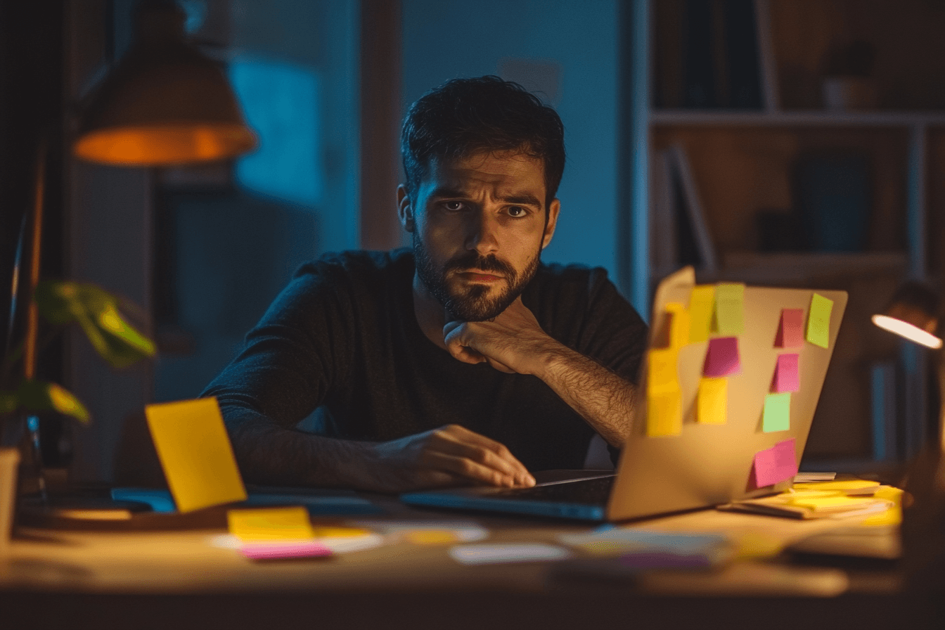 Founder staring at laptop with too many browser tabs open, overwhelmed but not defeated