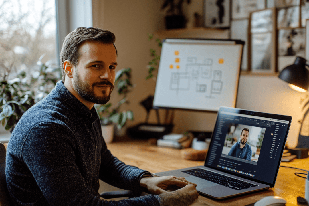 Founder on a video coaching call with a whiteboard framework in the background